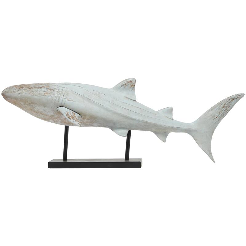 Polystone Shark Distressed Decorative Sculpture with Brown Wood Inspired Accents and Black Stand - Light Blue- Roche River Decor