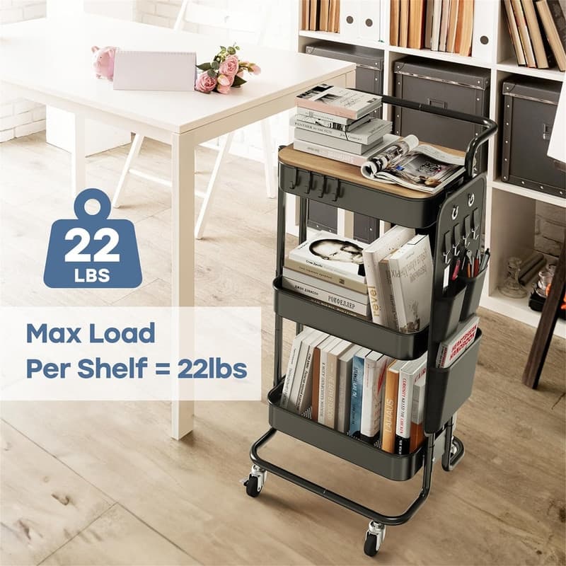 3 Tier Metal Utility Rolling Cart with Table Top and Side Bags - 17.3"D x 18.3"W x 37.3"H