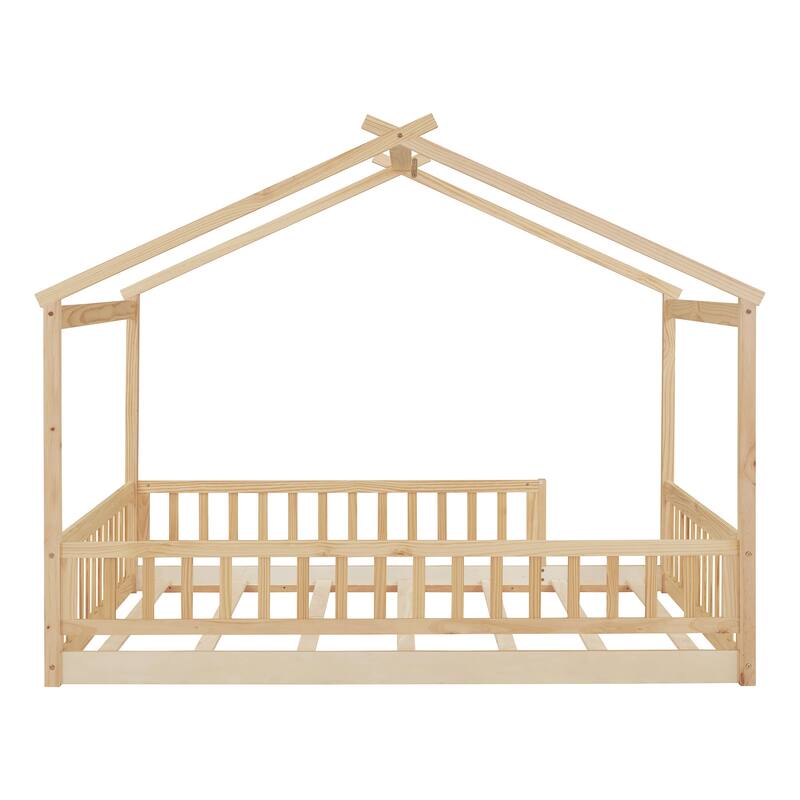 Mid-Century Full Size Pine Wood House Bed with Roof