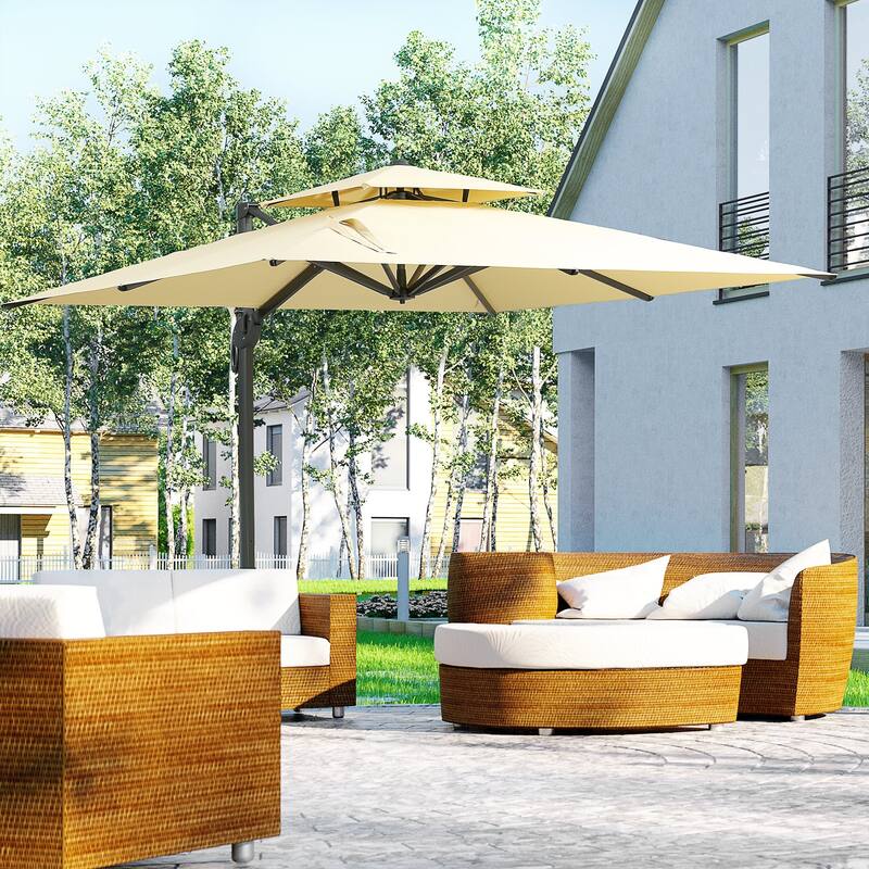 Cantilever outdoor patio umbrella with crank handle and cross base