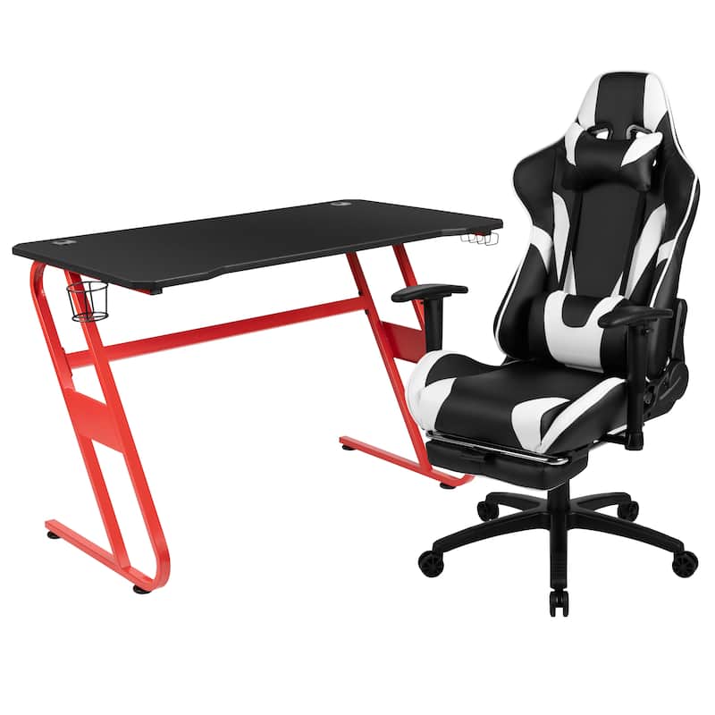 Desk Bundle - Gaming Desk, Cup Holder, Headphone Hook and Reclining Chair