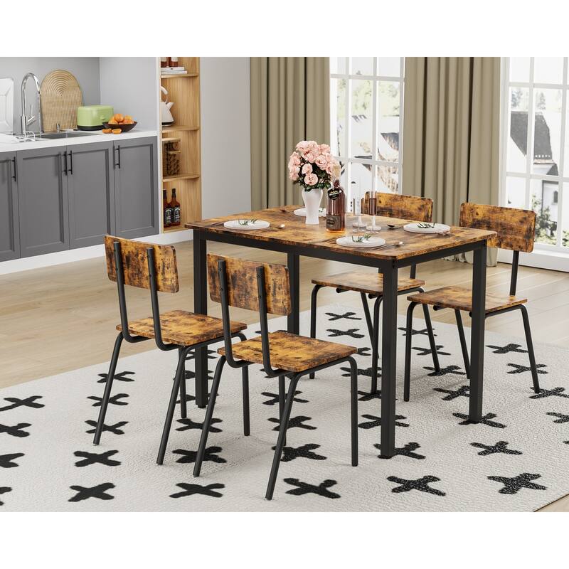 Kitchen Dining Table Set Metal Frame Breakfast Table with 4 Dining Chairs Modern Casual Dining Table Set 5-Piece Dining Set