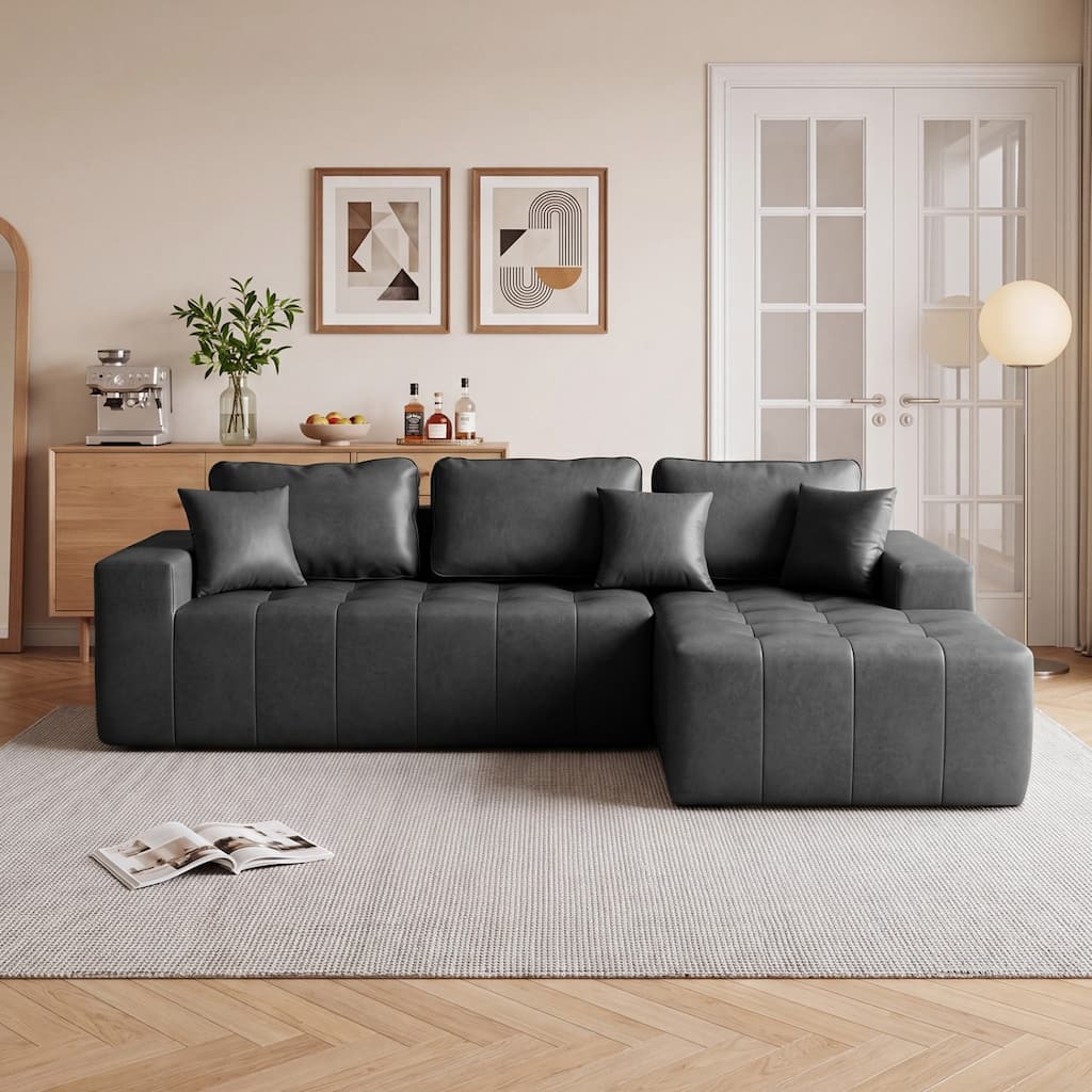 108.27" Faux Leather L-Shaped Compression Sectional Sofa with Pillows