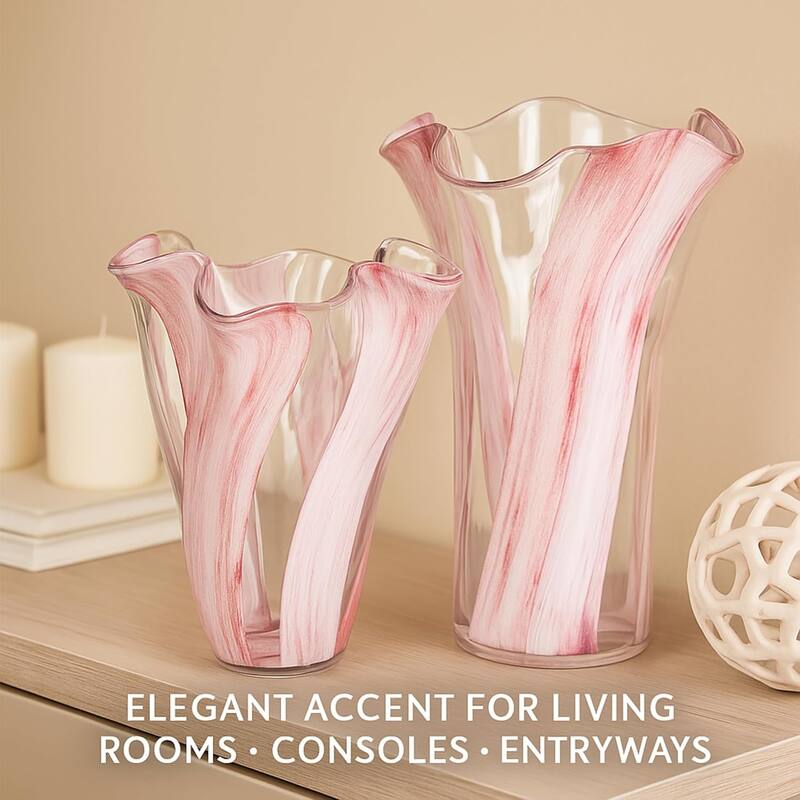 Pink Striped Handblown Glass Set of Two Scalloped Edge Vases