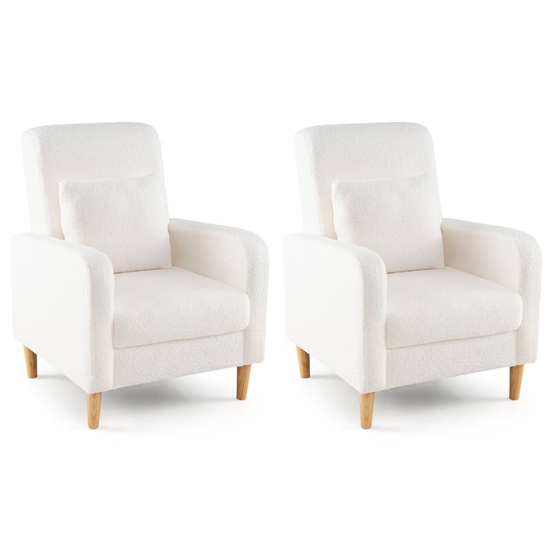 Gymax 2PCS Accent Chair w/Lumbar Pillow Teddy Fleece Cover Rubber Wood - White