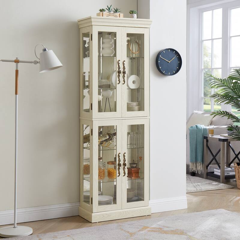 Lighted Glass Curio Display Cabinet: Wood Frame, Wine/Toy Storage - For Living Room/Kitchen, Bulb Included