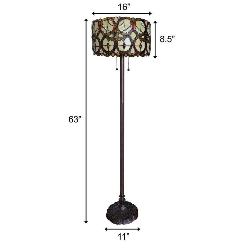Beige Metal Torchiere Floor Lamp with Red White Stained Glass Shade - 16” x 16” x 63” (D x W x H)