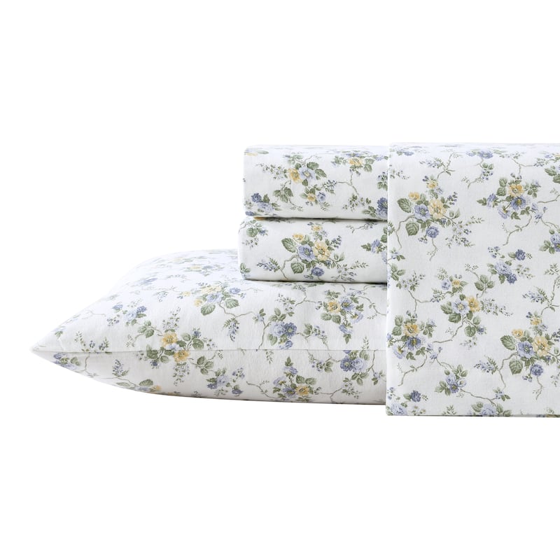 Laura Ashley Cotton Flannel Deep Pocket Sheet & Pillowcase Set - Le Fleur Blue - Queen