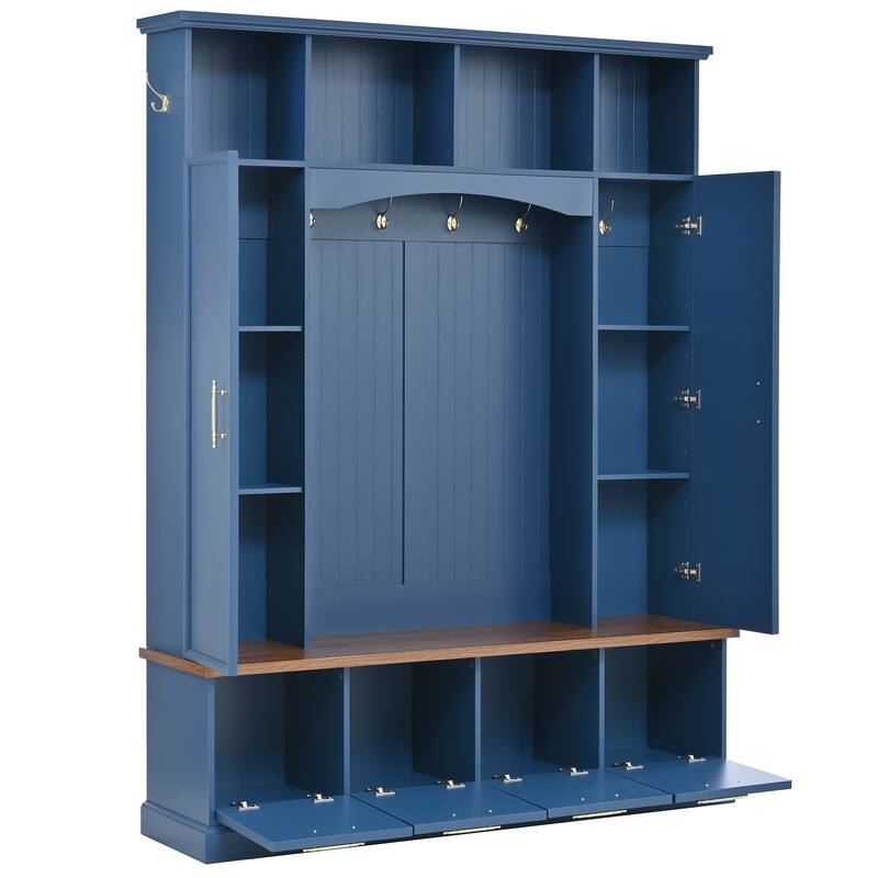 59" Farmhouse Hall Tree - 4-in-1 Entryway Bench with Golden Hooks, Adjustable Shelves & Shoe Storage