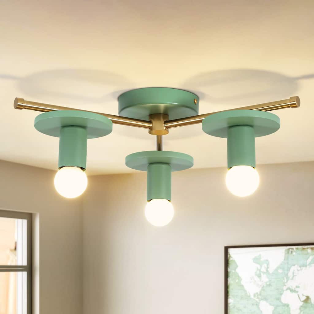 17.5" W 3-Light Modern Green/Black Sputnik Low-Profile Semi-flush Mount Ceiling Light with Wood Accents for Bedroom