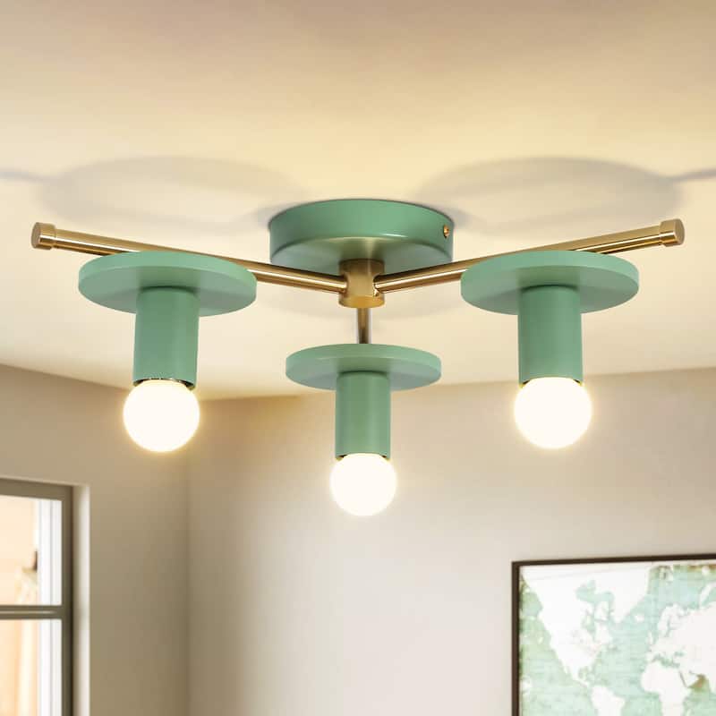 17.5" W 3-Light Modern Green/Black Sputnik Metal Wooden Semi-flush Mount Ceiling Light for Living Room, Bedroom - Green/Gold