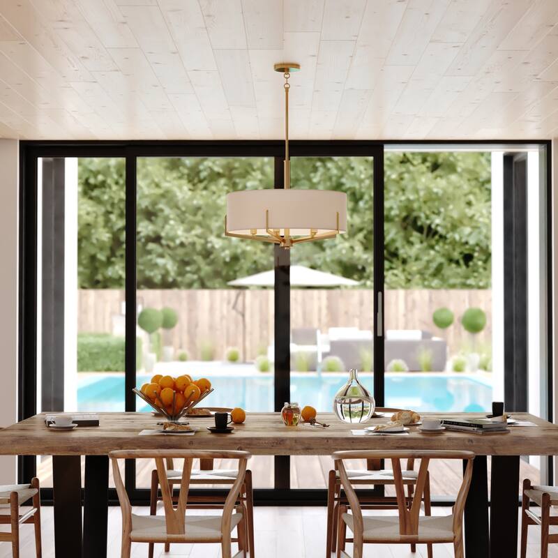 Surrey 5 Light Natural Brass Mid-Century Modern Chandelier White Fabric Drum Shade - 22-in W x 15.5-in H x 22-in D