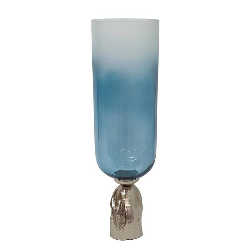21" Blue White And Gold Ombre Glass And Aluminum Pedestal Table Vase - 8.00