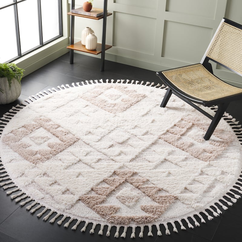 SAFAVIEH Moroccan Tassel Shag Delores 2-inch Thick Rug - 5'3" Round - Ivory/Beige