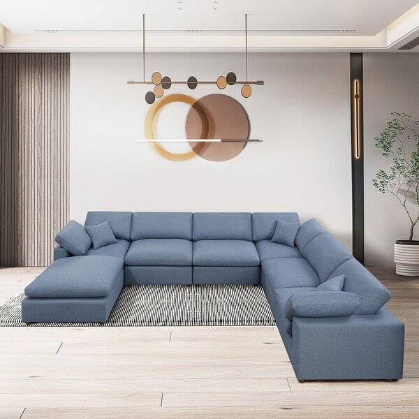 Blue Linen U shape Sectional Sofa Set with Ottoman Chaise and Pillows Bed Bath Beyond 39456863