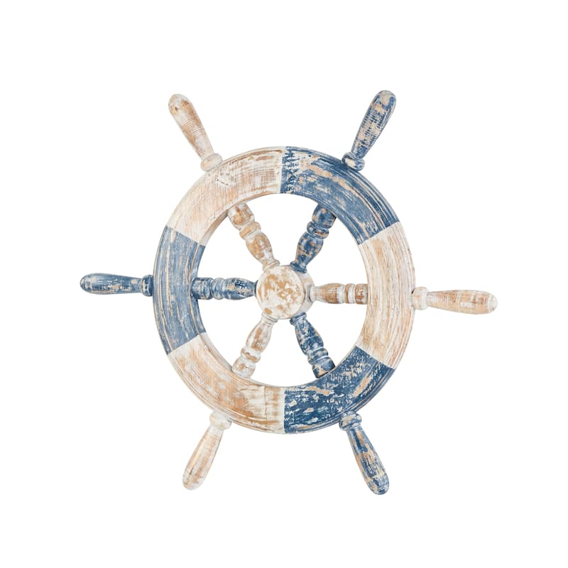 Wood Ship Wheel Distressed Two-Toned Wall Decor with Brown Accents - Blue - Roche River Decor