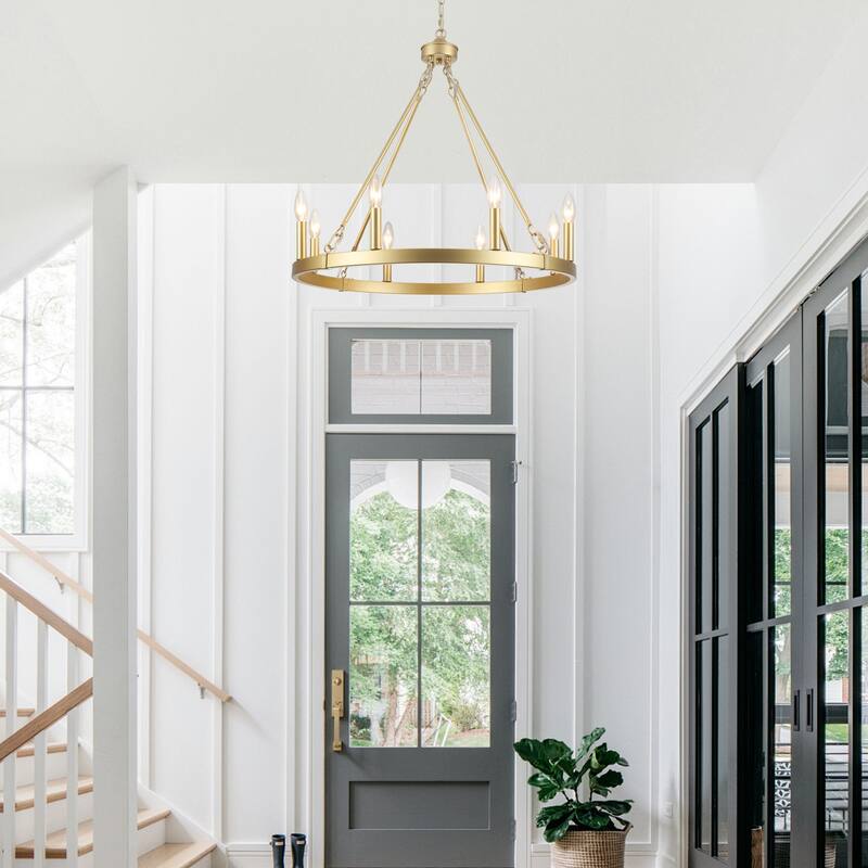 25.98" Wide 8-Light Farmhouse Chandelier, Wagon Wheel Chandelier for Dining Room Living Room Bedroom Kitchen
