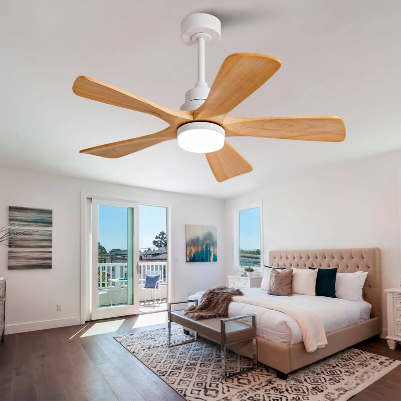 42 Inch Indoor Ceiling Fan With Dimmable LED Light 5 Solid Wood Blades Remote Control Reversible DC Motor - Oak Natural Wood + Antique White