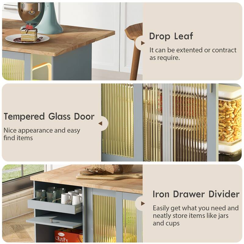 LED Light Kitchen Cart on Wheels with 2 Fluted Glass Doors