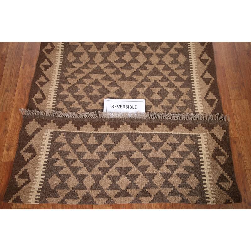 Flat-weave Kilim Area Rug Reversible Brown Wool Carpet - 3'2" x 4'10"