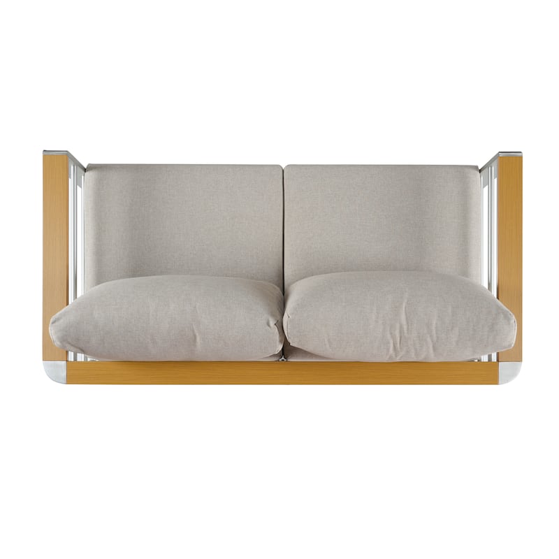 Roomfitters Modern Outdoor Patio Sofa Set, Aluminum Frame with Cushions & Wood-Style Table, Beige+Silver