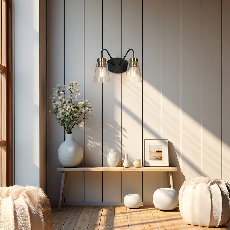 Modern Black Gold Bathroom Vanity Light Wall Sconces with Seeded Glass