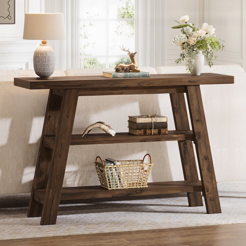 Solid Wood Console Table with 3-Tier Storage Shelves - /