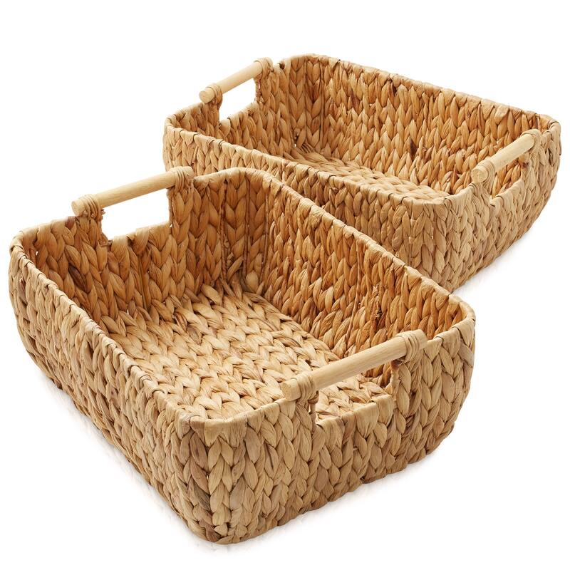 Hyacinth Seagrass Oval Storage Baskets with Wooden Handles Woven Bins