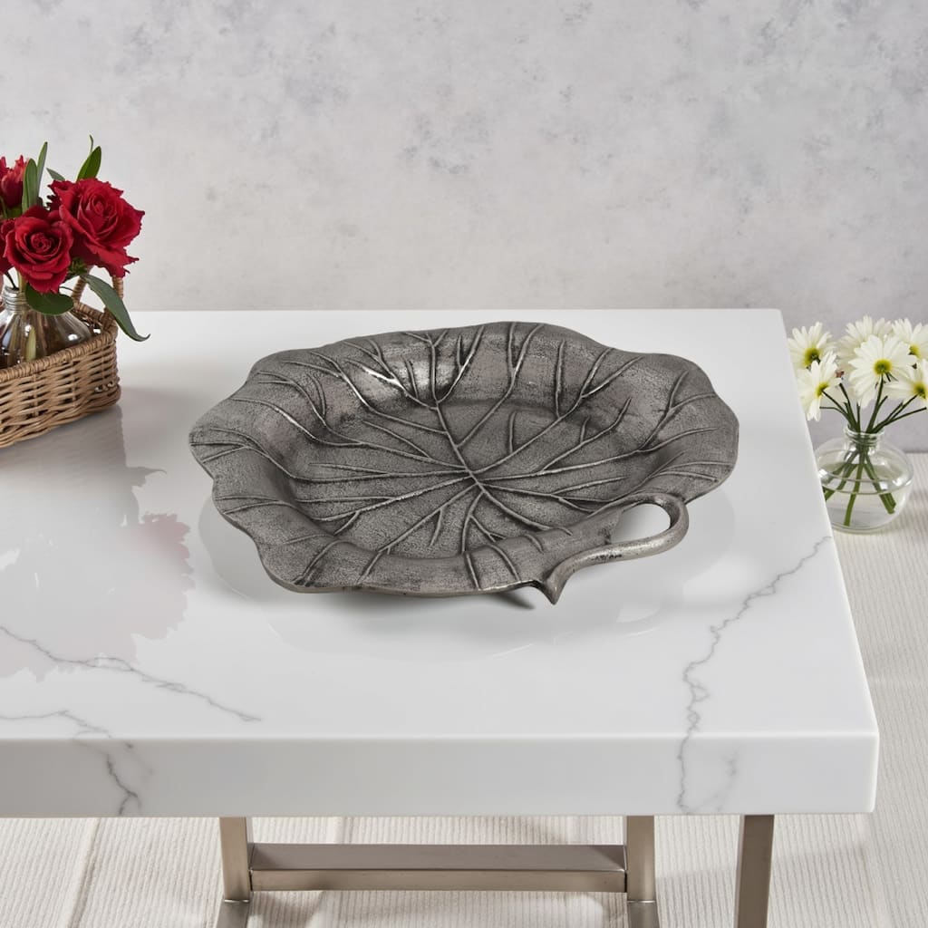 Haily Decorative Tray Platter, Flower Shaped Vein Details, Nickel Tone