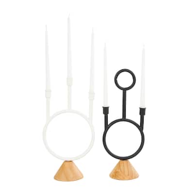Metal Abstract Circular Ring Candle Holder with Wooden Cone Bases - Set of 2 Black - Roche River Decor - 5"W x 7"L x 15"H
