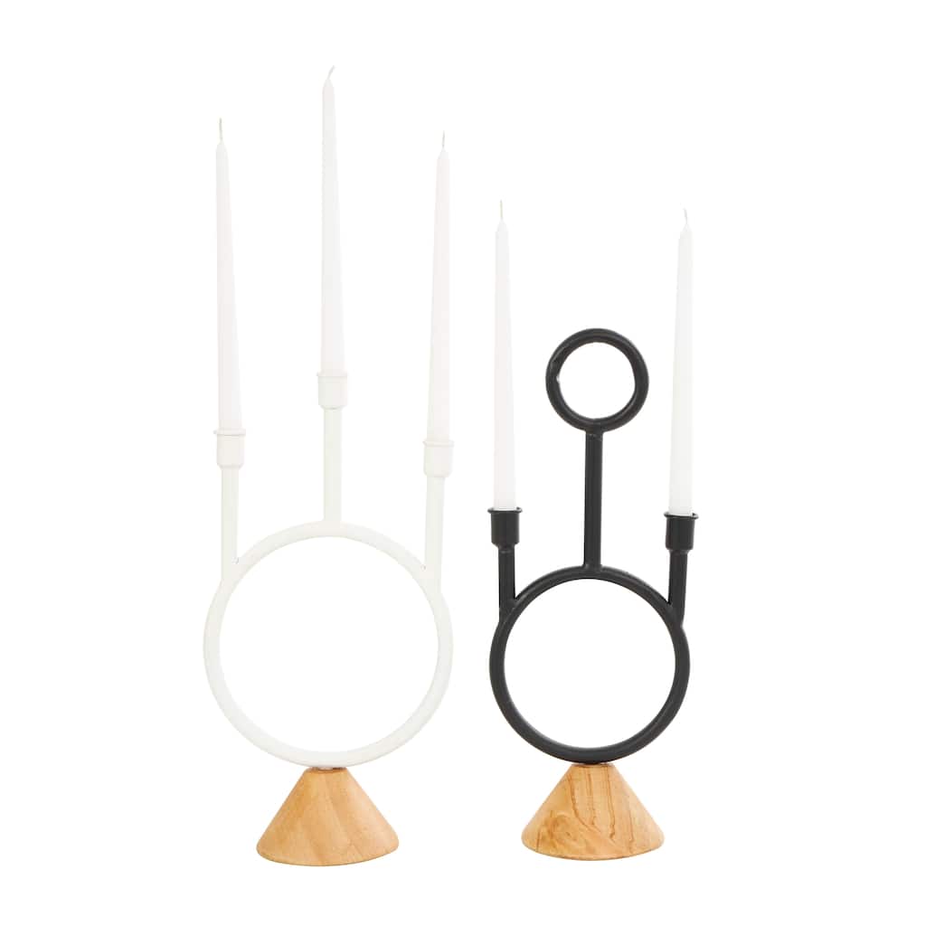 Metal Abstract Circular Ring Candle Holder with Wooden Cone Bases - Set of 2 Black - Roche River Decor - 5"W x 7"L x 15"H