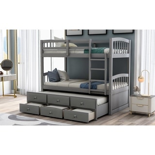 Wood Bunk Bed with Twin Size Trundle Bed, Grey