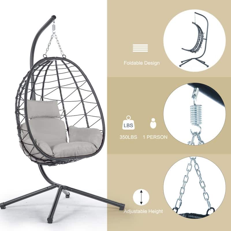 Wicker Hanging Egg Chair with Stand - Boho Swing Chair for Patio, Living Room, Bedroom & Balcony - Light Gray