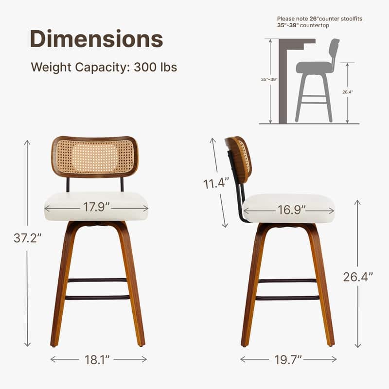 Spruce & Spring 26" Swivel Bar Stool with Bentwood Back or PE Rattan Back