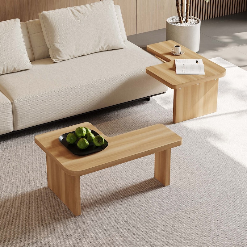 Modern Wood Coffee table, Mid Century Wood Side Table for Living Room, 2 Pieces