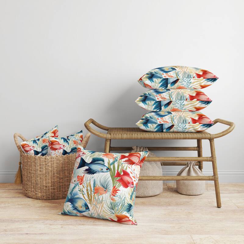 Fish paradise Faux Suede Reversible Throw Pillow Blue and Red