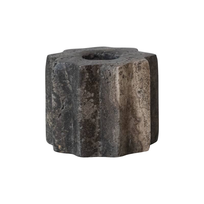 Carved Travertine Taper Holder - 2.5"L x 2.5"W x 2.0"H - Grey