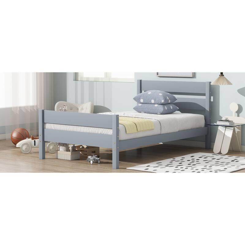 Roomfitters Twin Rubber Wood Bed Frame with Headboard and Footboard, Platform Support Design, No Box Spring Needed, Grey