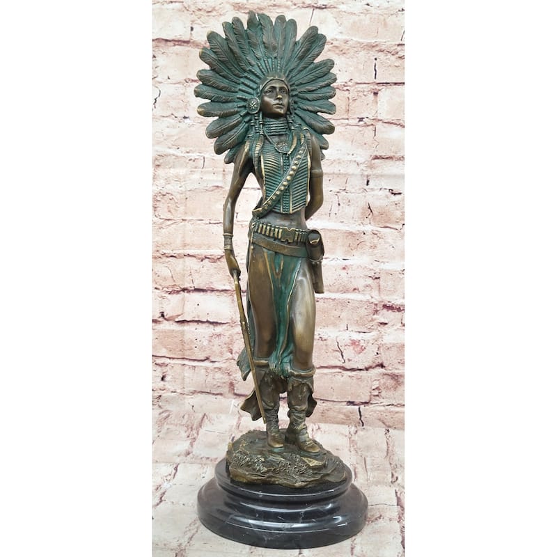 Native American Indian Female Warrior W/ Feathered War Bonnet Bronze Figure Sculpture Statue
