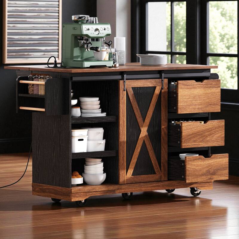 55.5" Farmhouse Kitchen Island with Drop Leaf, Barn Door, Power Outlet, Drawers & Shelves, Rolling Cart on Wheels