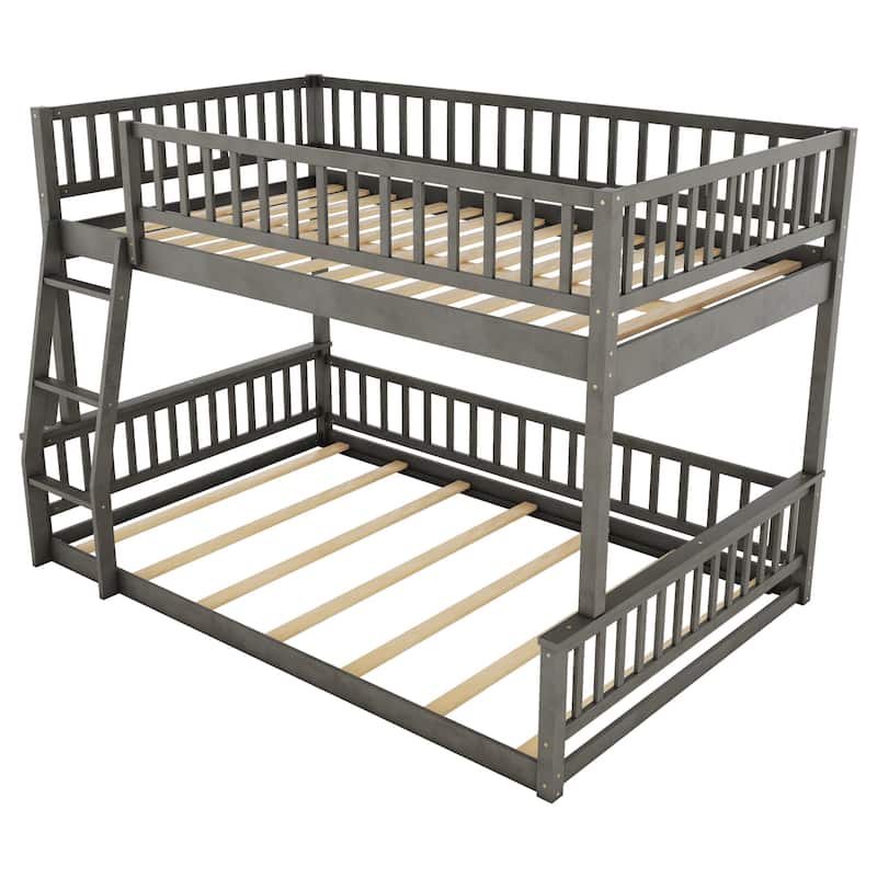 Floor Bunk Bed with Ladder and Guardrails, Full XL Over Queen Bed