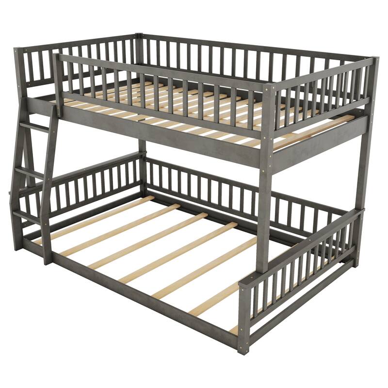 Full XL over Queen Bunk Bed with Ladder and Guardrails Convertible Wooden Bunk Bed Frame for Kids Teens, No Box Spring Needed