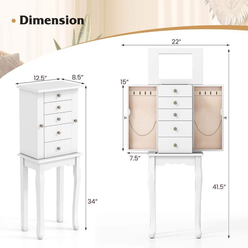 Costway Jewelry Cabinet Storage Chest Standing Organizer Mirror White - See Details