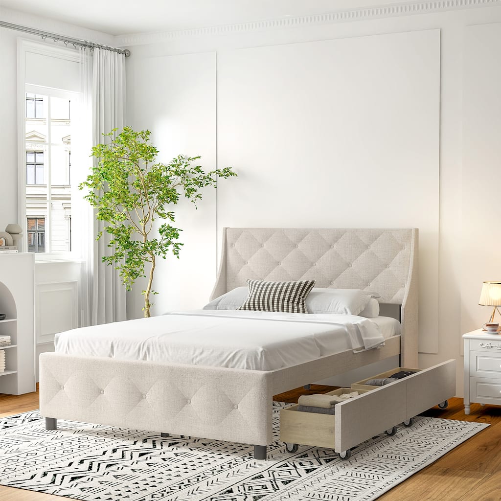 Queen Platform Bed with Storage Headboard and 4 Drawers, Noise-Free Metal Frame with Wood Accents, Upholstered Wingback Design