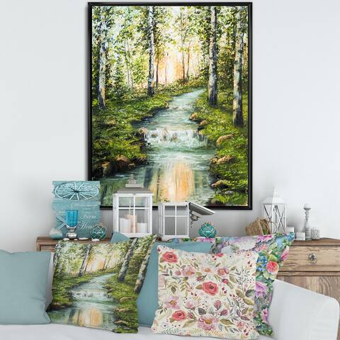 Designart "River Through Birch Forest" Lake House Framed Canvas Wall Art Print