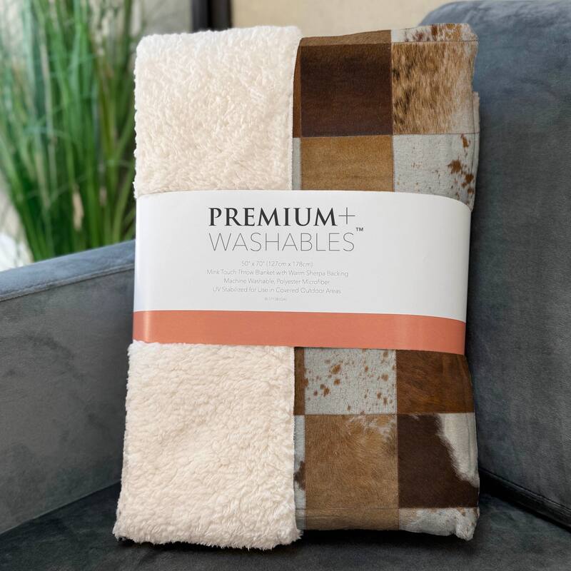 Premium Machine Washable ASB105 Faux Cowhide Sherpa Throw Blanket