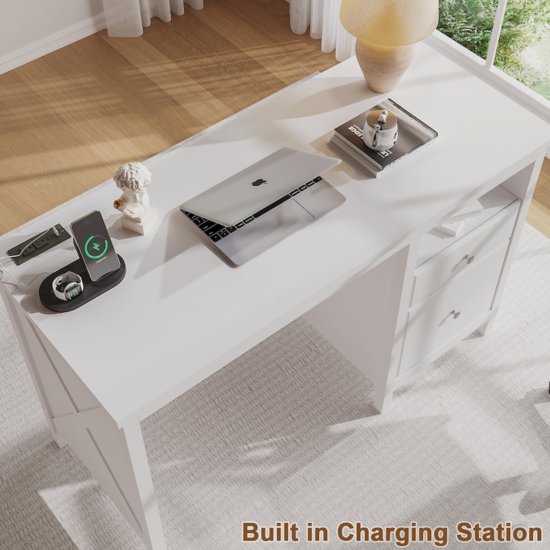 47" Farmhouse Wood Writing Desk With Drawers, Home Office Desk with Charging Station, 2 Storage Drawers and Open Shelf