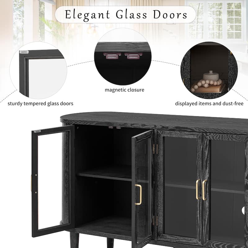Anmytek Curved Glass Door Sideboard with Gold Handles Dark Wood Farmhouse Buffet Console