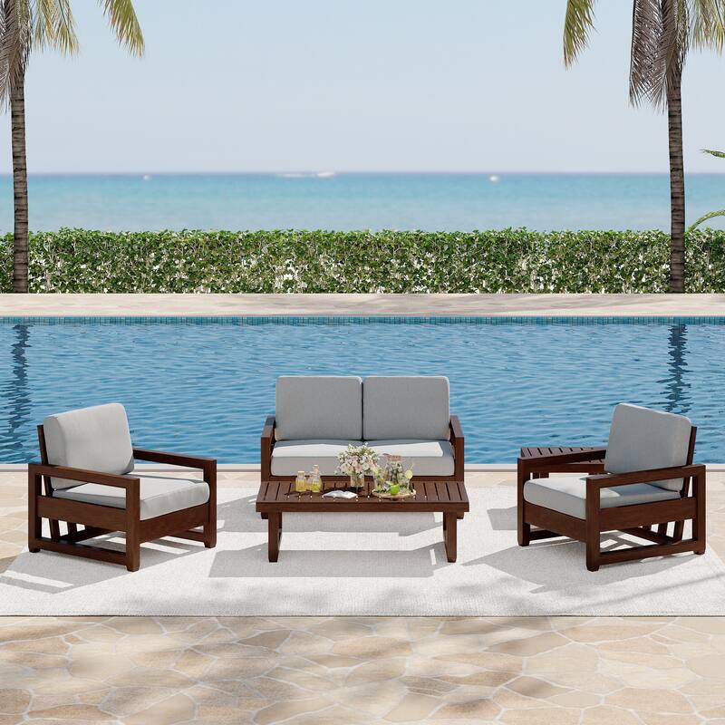 5-Piece Patio Wood Conversation Set with Loveseat, Chairs and Tables - Light Grey/Brown wood