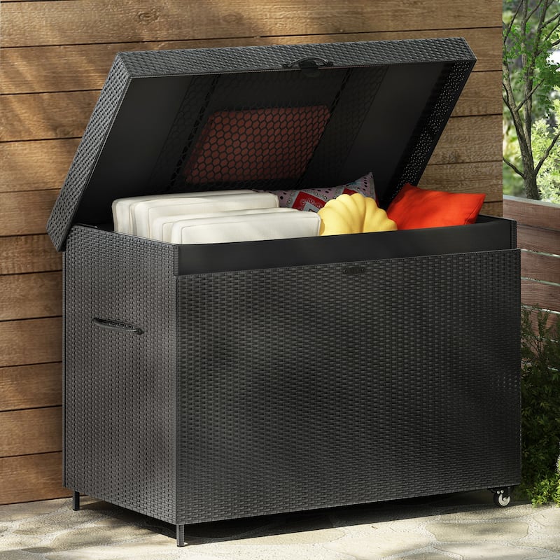 230 Gallon Wicker Deck Box with Wheels,All-Weather Outdoor Storage Box,Rattan Storage Bin for Patio Furniture - Black